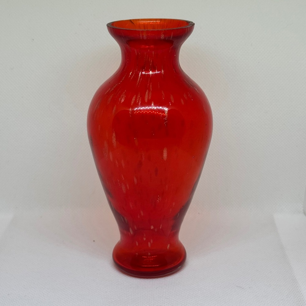 Vintage Red Art Glass Gold Fleck Bud Vase 6" Good